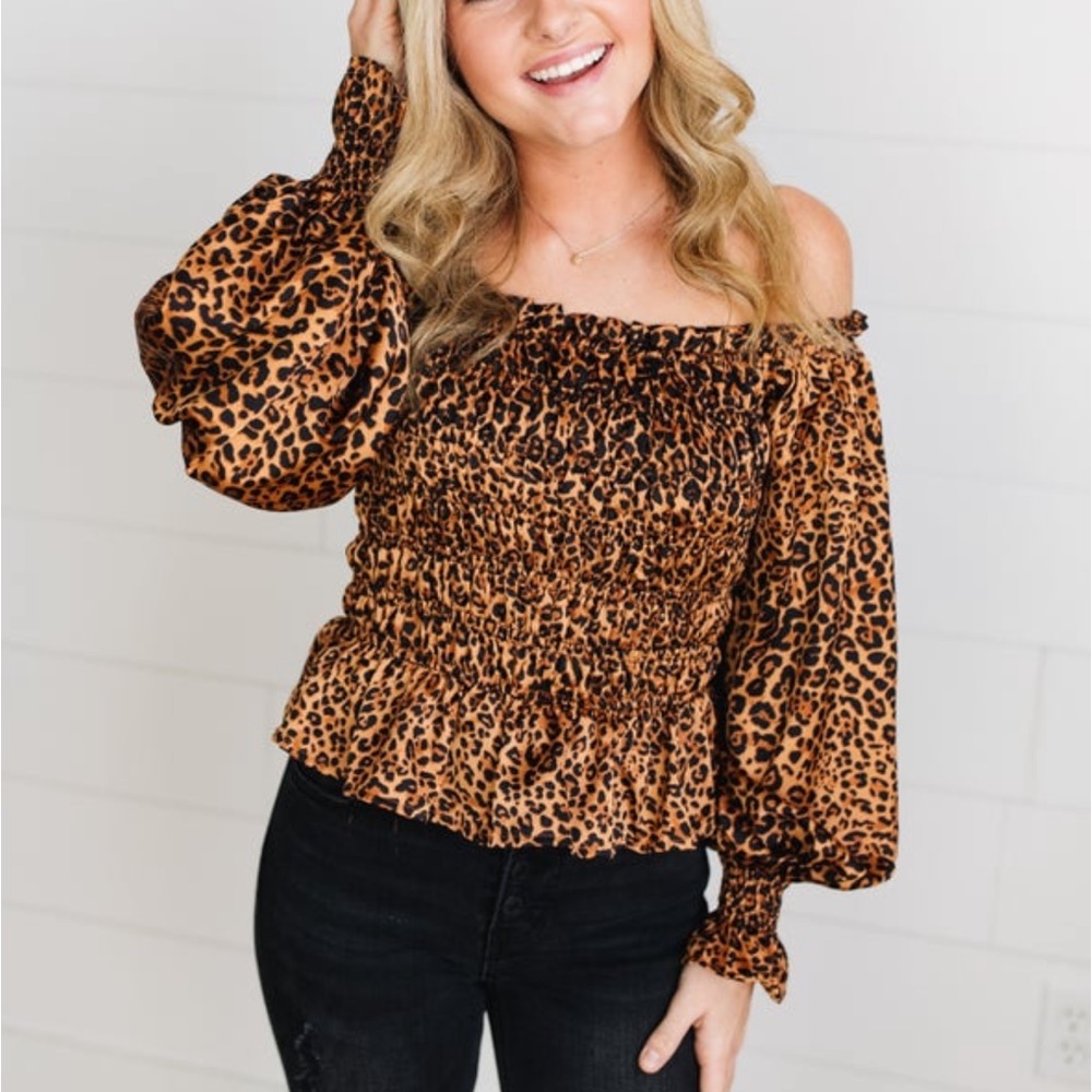 Satin animal print off shoulder top